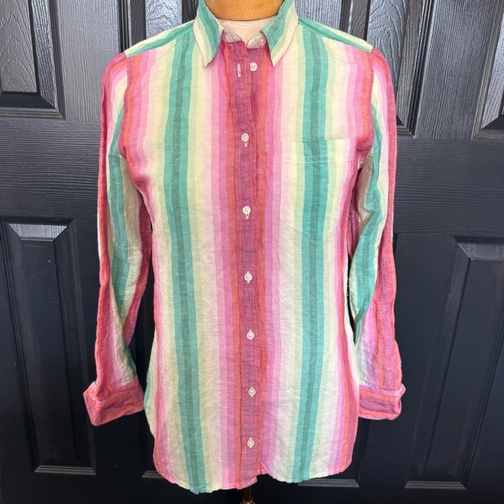 J Crew Linen Blend Classic Fit Boy Shirt in Rainbow Stripe Size 4